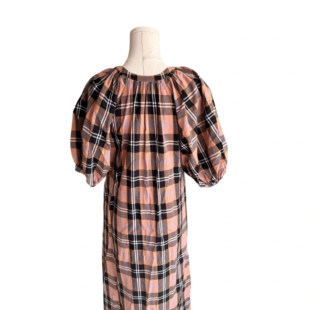 STAUD - Plaid Cotton Midi Dress Button Front Puff Sleeve Sz XS - Picture 6 of 9